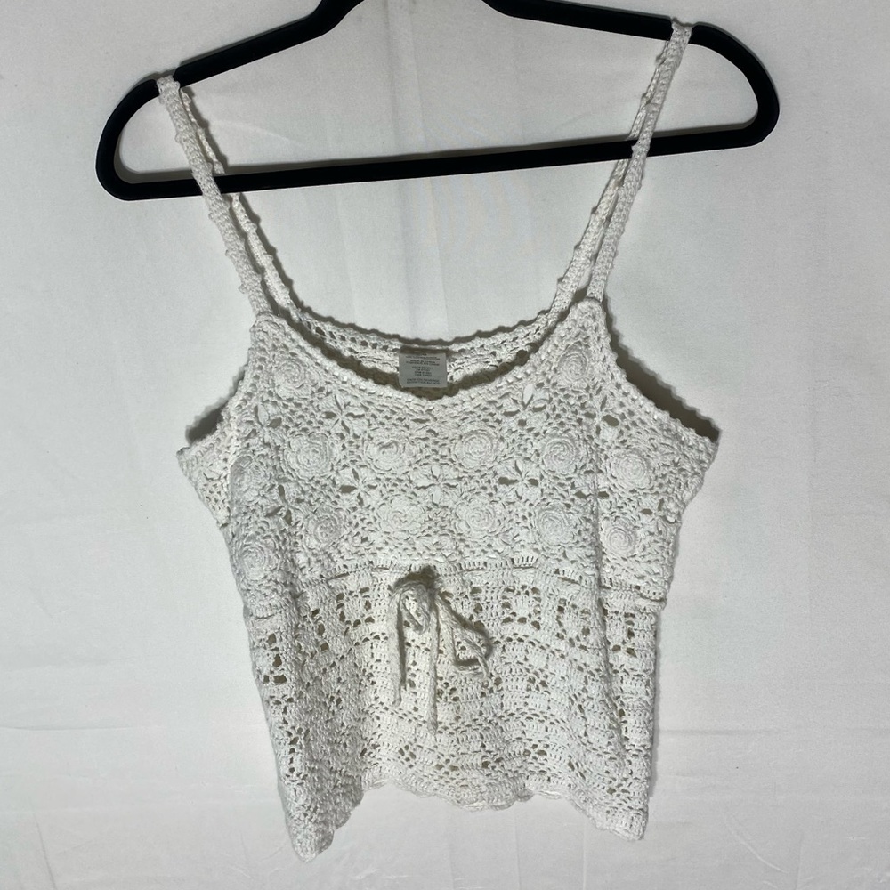 Vintage Y2K White Ramie Cotton Crochet Lace Tank Top L Festival